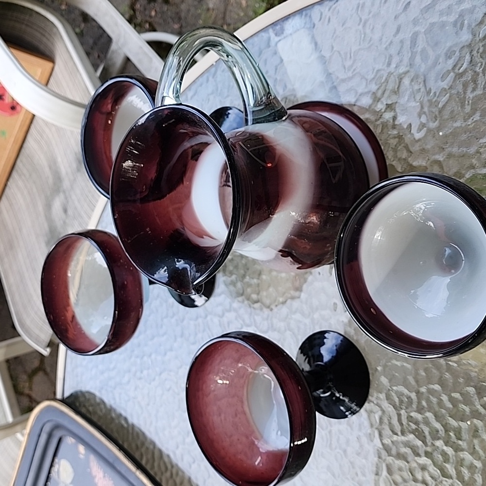 Hand-blown Margarita set. Pitcher with plate and 4 glasses.